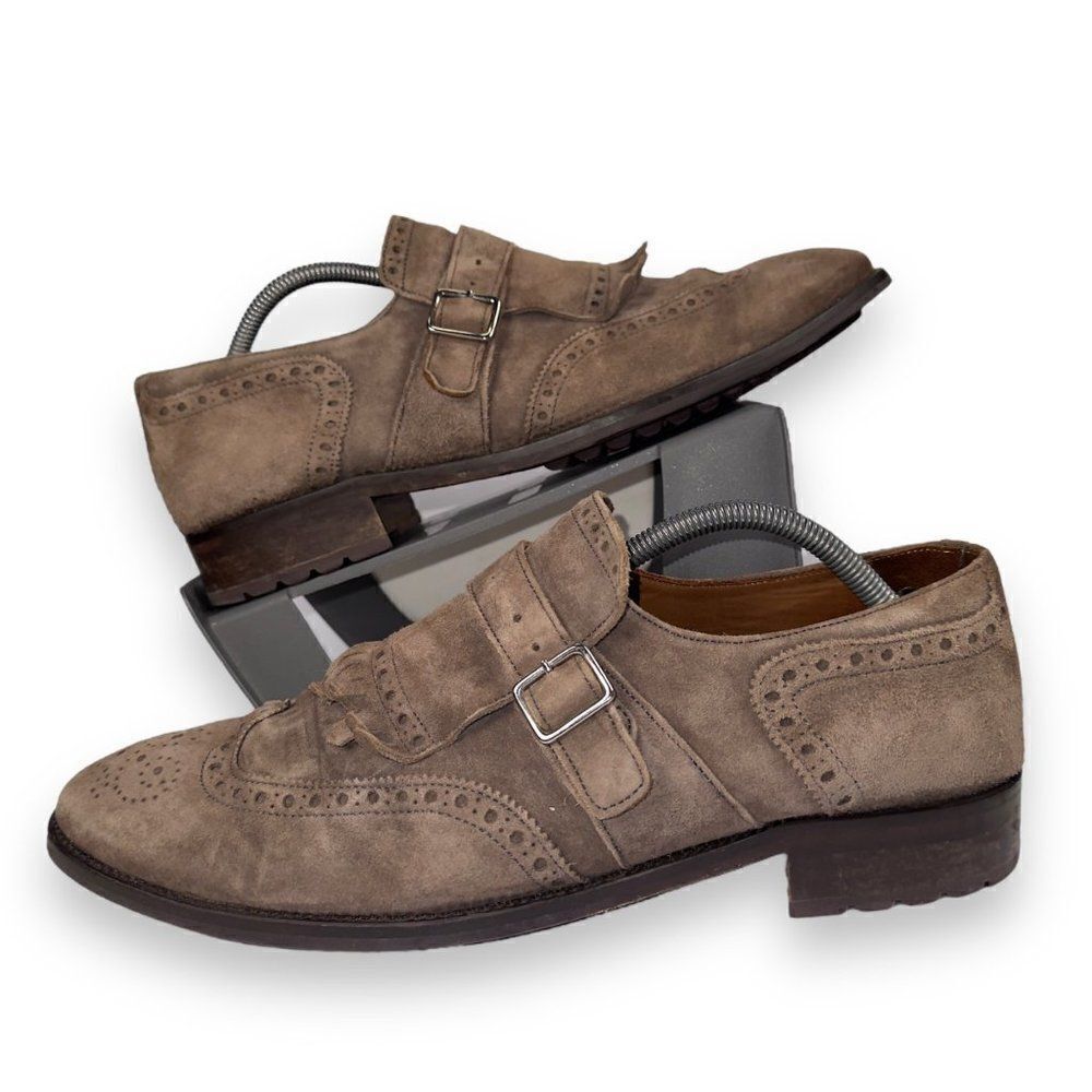 Lottusse Plomo‎ Suede Monk Strap Kiltie Wingtip Loafers Brown L7128 Men's 9.5